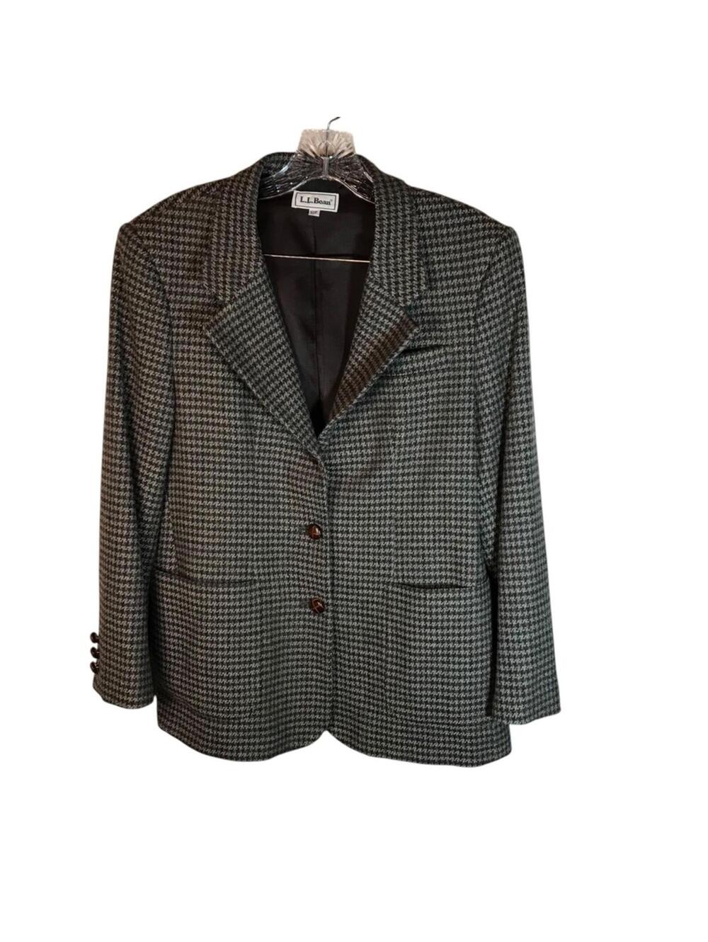 L.L.Bean Wool Lambswool Blazer Jacket Womens 10P Houndstooth Brown Career USA